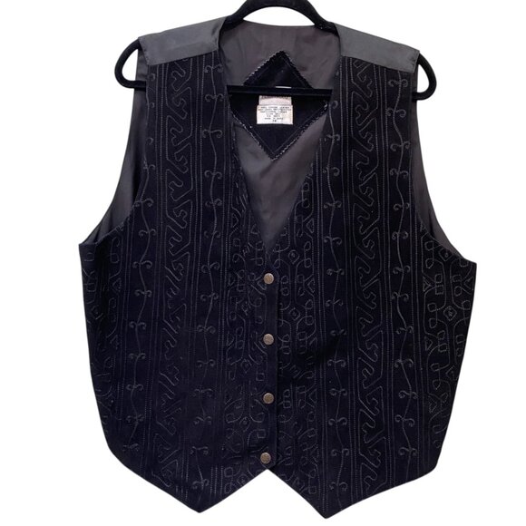 Vintage Suede Front Embroidered Tribal Vest Sz 2X Black Leather Western Cowboy - Picture 1 of 13